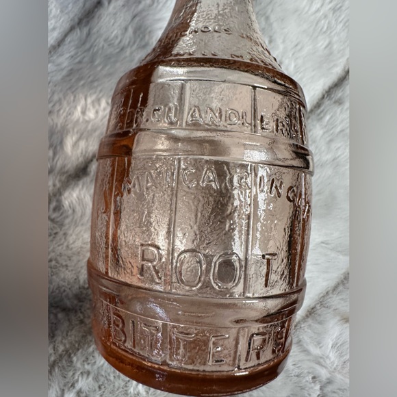 Vintage Pink Glass Dr. Chandler’s Jamaica Ginger Root Bitters Barrel Bottle 8” - Picture 7 of 8